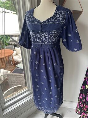 VINTAGE Retro 90s Navy Blue White Bandana Midi Dress Handmade Babydoll Small